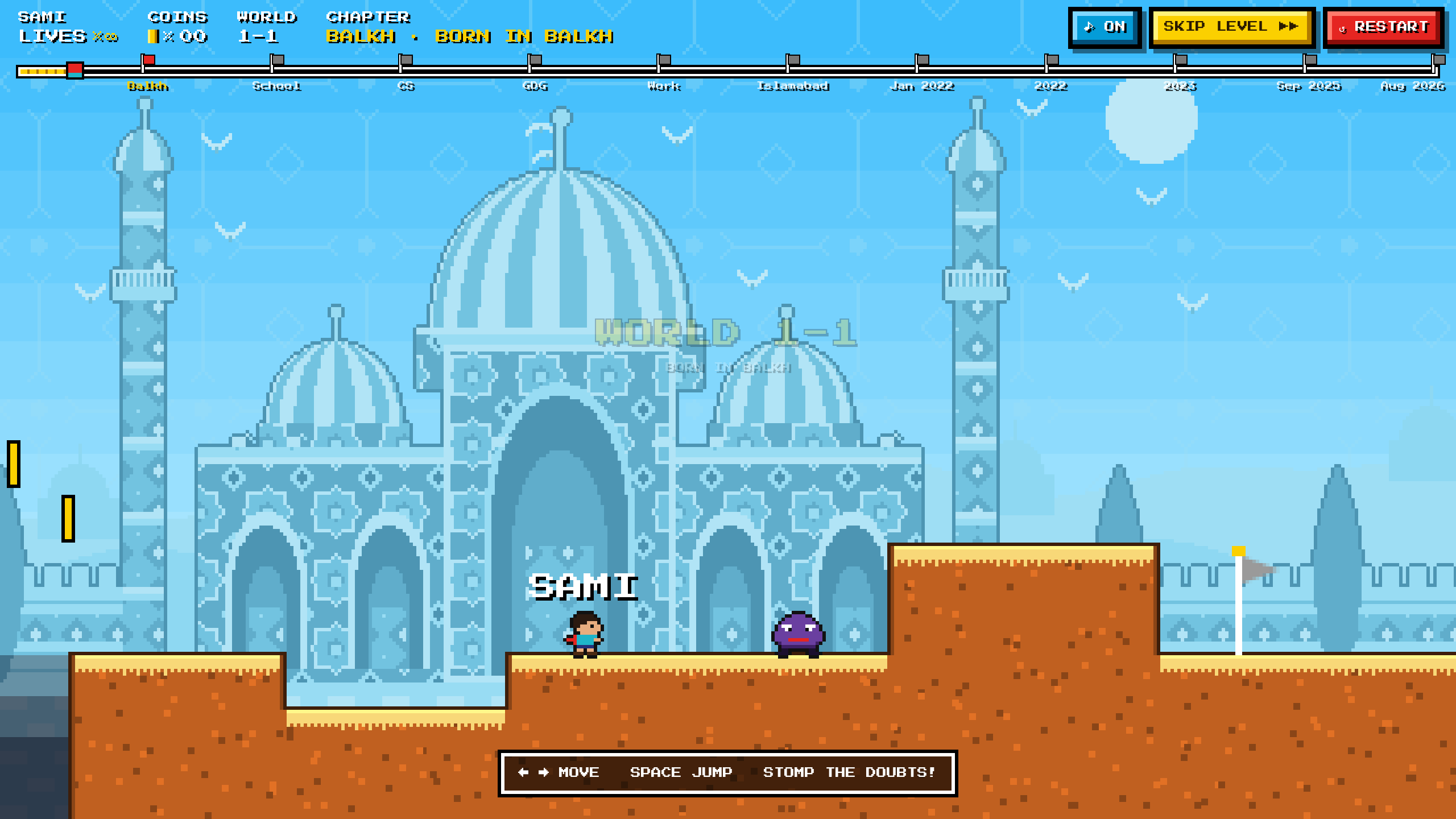 World 1-1: pixel-art Sami runs under the Blue Mosque, with a life timeline across the top of the screen